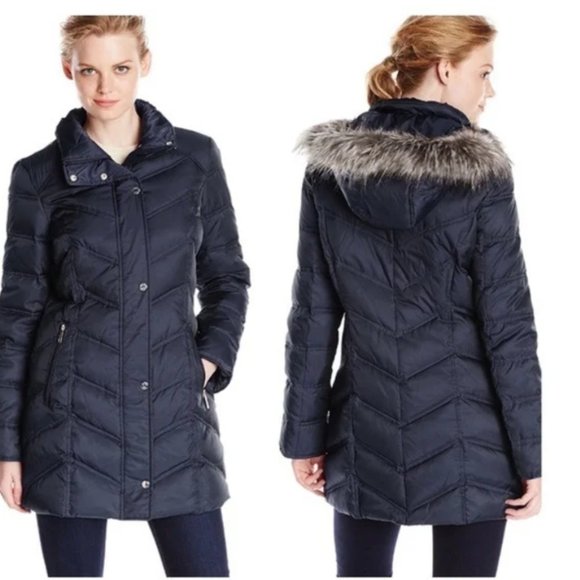 Kenneth Cole Chevron Quilted Puffer Coat with Faux Fur trimmed hoodie size S - Picture 2 of 2